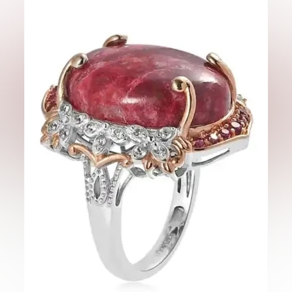 Norwegian Thulite Multi Gemstone Ring in Vermeil RG and Platinum O/Sterling Silv - Picture 6 of 8